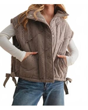 Miou Muse Lace Crochet Trim Puff Vest - Brown