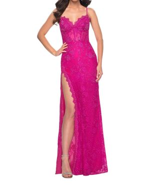La Femme Stretch Lace Scallop Detail Prom Dress - Pink