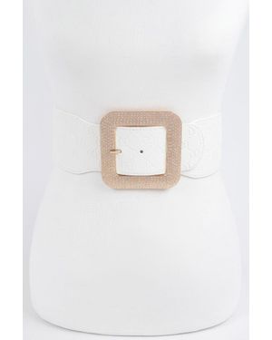 Fashnzfab Big Rhinestone Buckle Embossed Elastic Belt - White