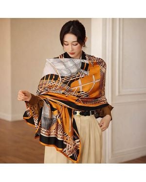 TRUEDAMES Geometric Art Pattern Printed Oblong Silky Satin Scarf Shawl - Brown