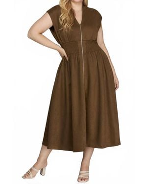 She + Sky Leia Front Zip Midi Dress - Brown