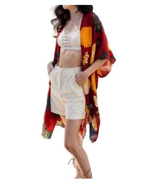 Leto Floral Motif Boho Festival Cover Up Kimono - Red