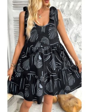 TRUEDAMES Abstract Printed Round Neck Pockets A-Line Dress - Black