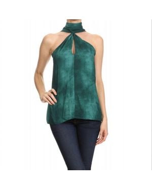 Ariella High Neck Tie-Dye Keyhole Top In,Emerald - Green