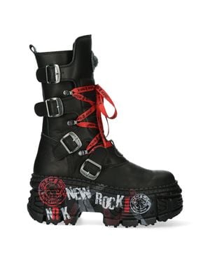 New Rock Mid Calf Punk Leather Boots-Wall028B-C1 - Black