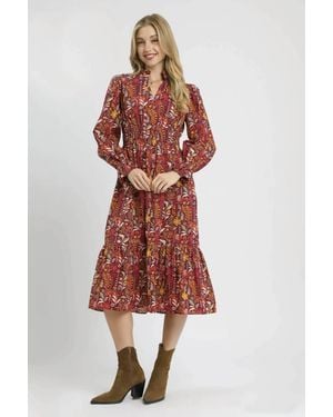 Umgee Floral Midi Dress With Smocked Waist - Red