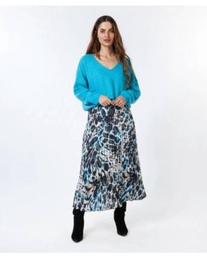EsQualo Asta Animal Roots Plisse Pleated Midi Skirt - Blue