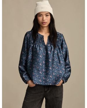 Lucky Brand Smocked Yoke Peasant Top - Blue
