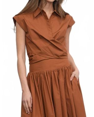 Greylin Eloise Wrap Front Extended Shoulder Poplin Top - Brown