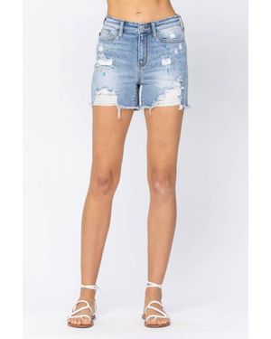 Judy Blue High Rise Paint Splash Destroy Shorts - Blue