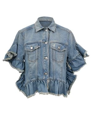 MSGM Distressed Ruffle Trimmed Denim Jacket - Blue