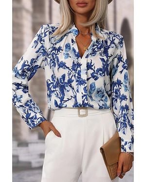 TRUEDAMES Floral Print Notched Neck Elegant Blouse - Blue