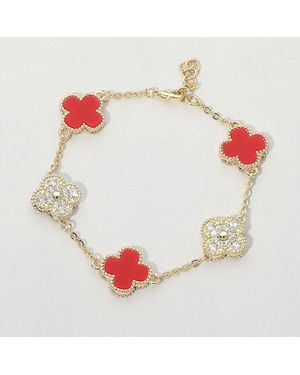 Fashnzfab 14K Plated Cz Quatrefoil Charm Link Station Bracelet - Red