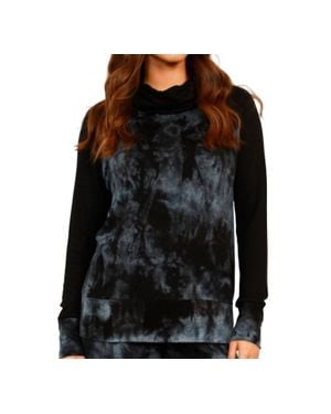 French Kyss Marble Wash Color Block Turtleneck Top - Black