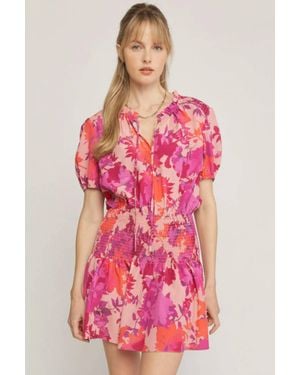 First Love Floral Print Smocked Shoulder Waist Short Dress - Pink