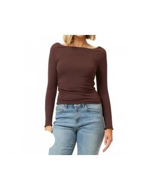Cozy Co. Ruched Boatneck Drop Shoulder Long Sleeve Top - Black