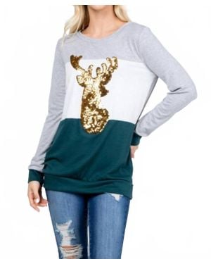 Acting Pro Plus Christmas Reindeer Sequin Long Sleeve Top - Blue