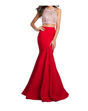 Blush Prom Soft Mikado Beaded Halterneck Two Piece Mermaid Gown - Red