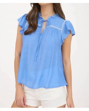 Mine Embroidery Ruffle Front Tie Top - Blue