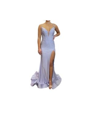 Ellie Wilde Long V-Neck Prom Dress - Blue