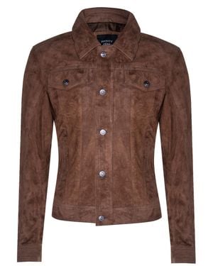 Infinity Leather Goat Suede Leather Jeans Jacket-Adelaide - Brown
