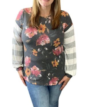 Honeyme Floral And Stripes Top - Gray