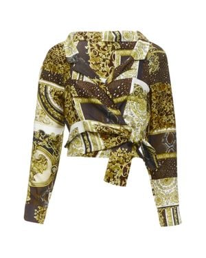 Versace Mosaic Barocco Silk Print Wrap Tie Cropped Shirt - Green