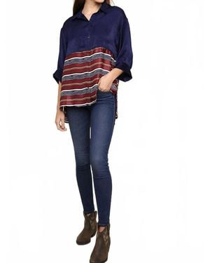 Umgee Satin Stripe Colorblock Button-Down Blouse - Blue