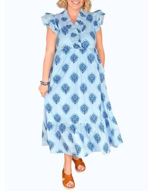 Jodifil Layered Ruffle Cap Sleeves Floral Midi Dress - Blue