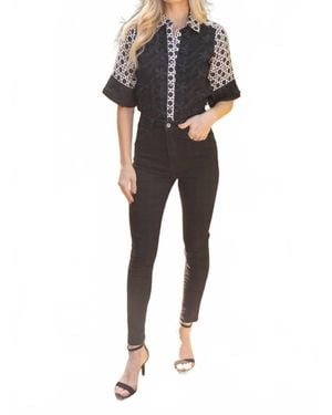 Voya Ginny Floral Textured Button-Up Top - Black
