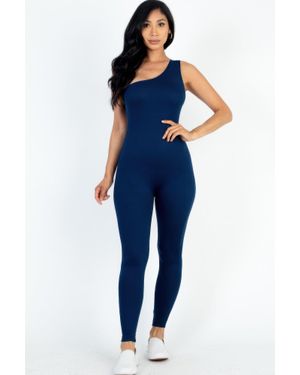 TRUEDAMES Solid Color One Shoulder Jumpsuit - Blue