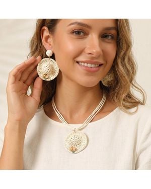 Fashnzfab Floral Point Raffia Sun Hat Pendant Strand Necklace - Natural