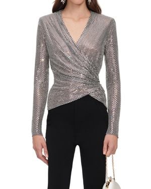 Self-Portrait Metallic Long-Sleeved Wrap Top With Textured Pattern - Gray