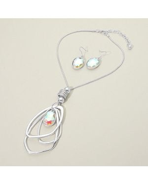 Fashnzfab Oval Glass Crystal & Triple Abstract Hoop Necklace - White
