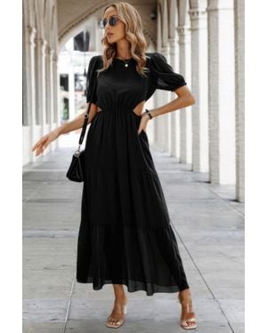 TRUEDAMES Cut Out Waist Ruffle Hem Puff Sleeves Fit Dress - Black
