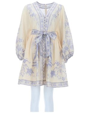 Zimmermann Indra Plunge Puff Sleeves Floral Linen Mini Dress - White