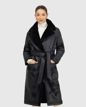 Gorski Merino Shearling Lamb Short Coat With Embroidery, Belt - Black