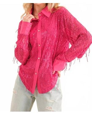 Blue B Sequin Stripe Fringe Button Up Shirt Blouse - Pink
