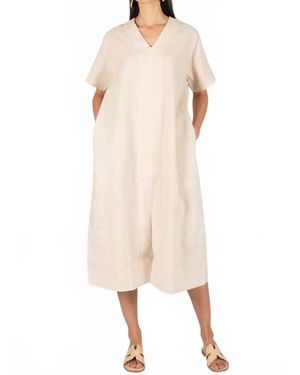 P.Cill Linen V-Neck Short Sleeve Front Slit Midi Dress - Natural