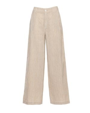 120% Lino Striped Fastening Linen Pants - Natural