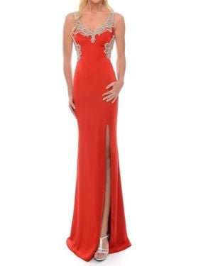 Precious Formals Stretch Satin Gown With High Slit - Red