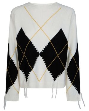 Pinko Cropped Knitted Sweater With Argyle Pattern And Decorative Ties - Black