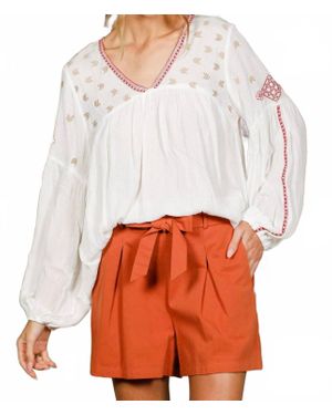 Vine & Love V-Neck Bohemian-Inspired Embroidered Detail Blouse - White