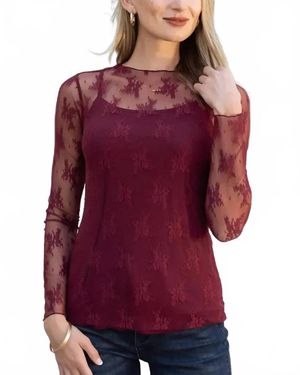 Grace and Lace Long Sleeves Mesh Top - Red
