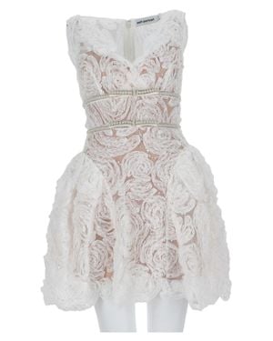 Self-Portrait Lace Overlay Mini Dress With Textured Flared Skirt - White