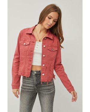 Fashnzfab Raw Hem Button Up Cropped Denim Jacket - Red