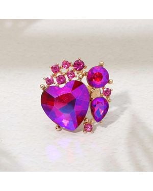 Fashnzfab Heart Crystal Cluster Embellished Statement Stretch Ring - Purple