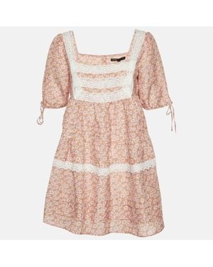 Maje Floral Print Linen Blend Lace Trim Dress - Pink