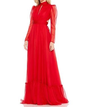 Mac Duggal Chiffon High Neckkeyhole Puff Sleeve Gown - Red