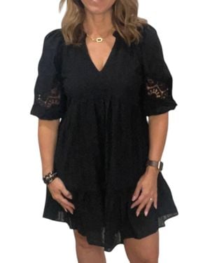 Umgee Crochet Sleeve V-Neck Dress - Black